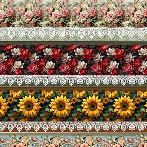 TRICOLINE DIGITAL 100% ALGODÃO ESTAMPADA 3D BARRADO FLORAL 0,55cm x 1,50m | JS050C01