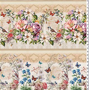 TRICOLINE DIGITAL 100% ALGODÃO BARRADO ESTAMPADA 3D FLORAL BORBOLETAS 0,55cm x 1,50m | PAN44C01