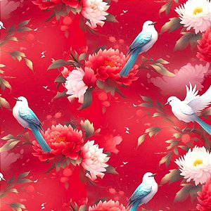 TRICOLINE DIGITAL 100% ALGODÃO ESTAMPADA  PASSAROS ORIENTAL 0,50cm x 1,50m | 93304C01