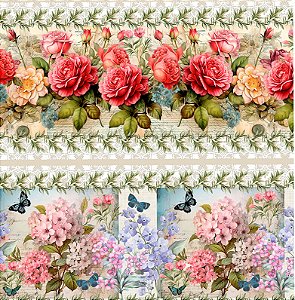 TRICOLINE DIGITAL 100% ALGODÃO BARRADO ESTAMPADA 3D FLORAL BORBOLETAS 0,55cm x 1,50m | PAN43C01