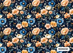 TECIDO TRICOLINE DIGITAL 100% ALGODÃO  ESTAMPADO ORANGE NAVY 0,50cm X 1,50m | 93350C01