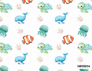 TECIDO TRICOLINE DIGITAL 100% ALGODÃO  ESTAMPADO  INFANTIL FUNDO DO MAR 0,50cm X 1,50m | INF00014