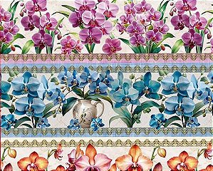 TRICOLINE DIGITAL 100% ALGODÃO BARRADO ESTAMPADA 3D ORQUIDEAS 0,55cm x 1,50m | 93444C01