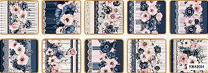 TRICOLINE DIGITAL 100% ALGODÃO BARRADO ESTAMPADA FLORES MARINHO E ROSA 0,55cm x 1,50m | 93612C01