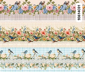 TRICOLINE DIGITAL 100% ALGODÃO BARRADO ESTAMPADA PASSAROS 0,55cm x 1,50m | 93614C01