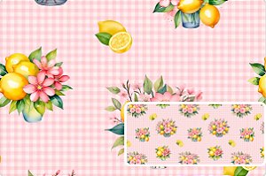 TRICOLINE DIGITAL 100% ALGODÃO ESTAMPADA LIMÃO E FLORES XADREZ 0,50cm X 1,50m | 93603C01
