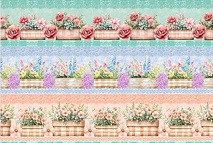 TRICOLINE DIGITAL 100% ALGODÃO BARRADO ESTAMPADA FLORES EM VASO 0,55cm x 1,50m | 93625C01