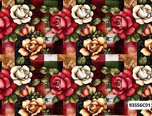 TECIDO TRICOLINE DIGITAL 100% ALGODÃO  ESTAMPADO FLORAL FUNDO XADREZ 0,50cm X 1,50m | 93556C01