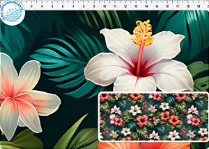 SARJA DIGITAL 100% ALGODÃO ESTAMPADA 3D IMPERMEÁVEL HIBISCO FUNDO ESCURO 0,50cm X 1,70m | 93770S01