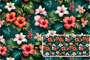 TECIDO TRICOLINE DIGITAL 100% ALGODÃO ESTAMPADO 3D HIBISCO FUNDO ESCURO 0,50cm X 1,50m | 93775C01