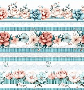 TRICOLINE DIGITAL 100% ALGODÃO BARRADO ESTAMPADA FLORAL TURQUESA 0,55cm x 1,50m | 93779C01