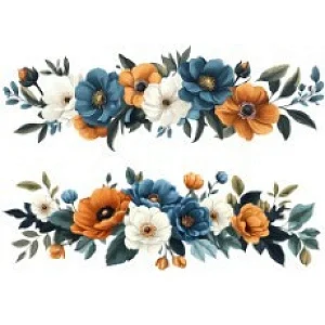 TRANSFER TEXTIL PASSE E CRIE - BARRADO DE FLORES AZUIS E CARAMELO | Modelo PC0008