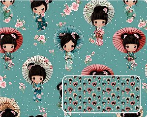 TRICOLINE DIGITAL 100% ALGODÃO ESTAMPADA ORIENTAL CUTE KOKESHI 0,50cm x 1,50m | CMC00112