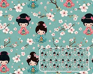 TRICOLINE DIGITAL 100% ALGODÃO ESTAMPADA ORIENTAL CUTE KOKESHI 0,50cm x 1,50m | CMC00113