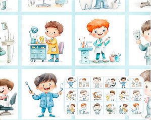 TECIDO TRICOLINE DIGITAL 100% ALGODÃO | PAINEL ESTAMPADO QUADROS DENTISTA 0,50cm X 1,50m | 93925C01