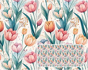 TECIDO TRICOLINE DIGITAL 100% ALGODÃO ESTAMPADO FLORAL TULIPAS 0,50cm X 1,50m | 93936C01