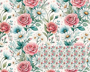 TECIDO TRICOLINE DIGITAL 100% ALGODÃO ESTAMPADO FLORAL ROSAS 0,50cm X 1,50m | 93937C01