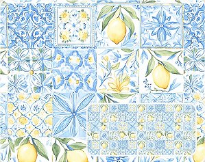 TECIDO TRICOLINE DIGITAL 100% ALGODÃO ESTAMPADO LIMÃO AZULEJO PETCHWORK 0,50cm X 1,50m | 93952C01