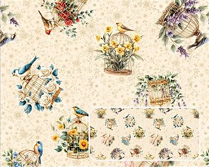 TRICOLINE DIGITAL 100% ALGODÃO ESTAMPADA GAIOLAS PASSARO 0,50cm X 1,50m | 93990C01