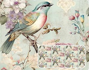 SARJA DIGITAL 100% ALGODÃO ESTAMPADA VINTAGE PÁSSAROS HIDRORREPELENTE 0,50cm X 1,70m | 94080S01