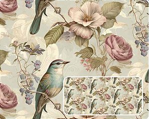 SARJA DIGITAL 100% ALGODÃO ESTAMPADA VINTAGE PÁSSAROS HIDRORREPELENTE 0,50cm X 1,70m | 94081S01