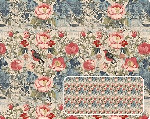 TRICOLINE DIGITAL 100% ALGODÃO ESTAMPADA FLORAL COM PASSAROS 0,50cm X 1,50m | 94098C01