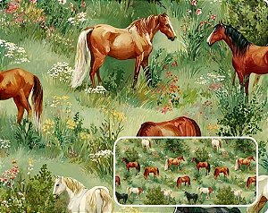 TRICOLINE DIGITAL 100% ALGODÃO ESTAMPADA CAMPESTRE CAVALOS 0,50cm X 1,50m | 94153C01