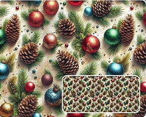 TRICOLINE DIGITAL 100% ALGODÃO ESTAMPADA NATAL BOLAS E PINHAS 0,50cm x 1,50m | CH000227