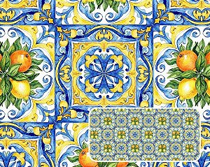 TECIDO TRICOLINE DIGITAL 100% ALGODÃO ESTAMPADO AZULEJO QUADRADO LIMÃO 0,50cm X 1,50m | 94234C01