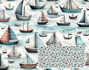TECIDO TRICOLINE DIGITAL 100% ALGODÃO ESTAMPADO BARCOS 0,50cm X 1,50m | 94207C01