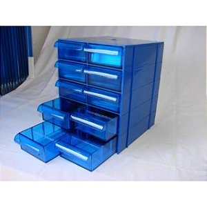 Gaveteiro organizador Magus CG510 Módulo com 10 gavetas e 50 divisões, cor azul e gaveta Cristal