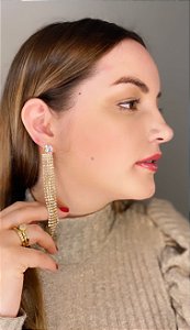 Brinco Franja Luxo Cravejado em Zircônia Banhado a Ouro 18k