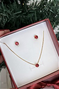 Conjunto Colar e Brincos Ponto de Luz Vermelho Banhado a Ouro 18k.
