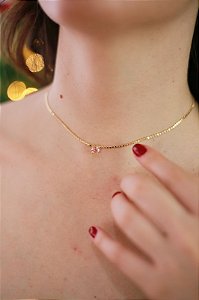 Choker Bolinhas Achatadas Pedra Rosa Claro Banhada a Ouro 18k