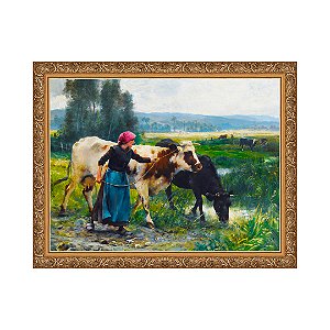 Jovem camponesa com duas vacas