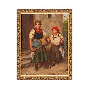 Camponesa com um dirndl na frente da lavanderia