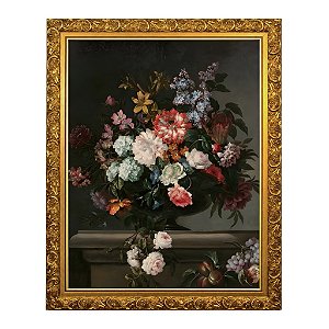 Vaso de flores e frutas em um encanto