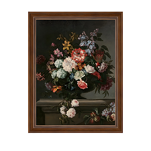 Vaso de flores e frutas em um encanto