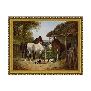 Cavalos e patos em um pátio de fazenda