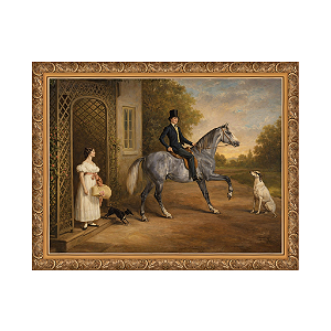 Mestre John Marriott em um cavalo cinza, com sua irmã Annis e seus cães do lado de fora