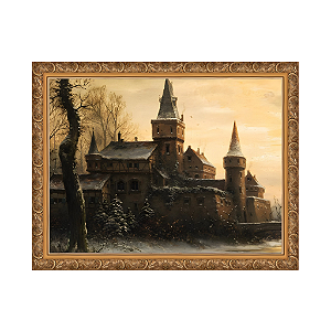 Paisagem de inverno com a construção de um castelo