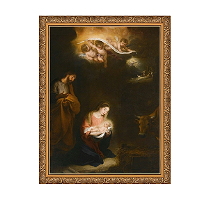 Uma cena noturna com o nascimento de Jesus e a anunciação