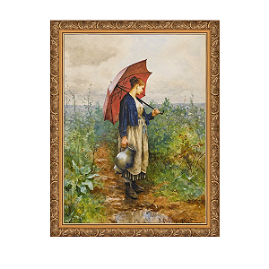 Retrato de uma mulher com guarda-chuva recolhendo água