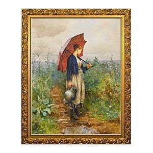 Retrato de uma mulher com guarda-chuva recolhendo água