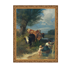 Vacas e lavadeira perto de um riacho