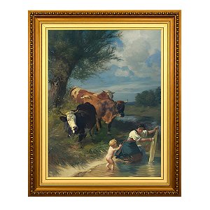 Vacas e lavadeira perto de um riacho