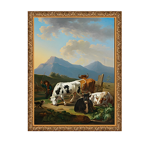 Fazendeiro com touro e vacas