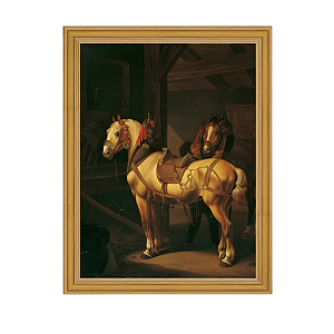 Dois cavalos de tração no estábulo