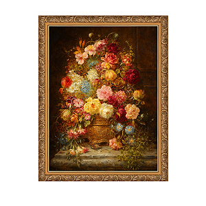 Natureza-morta com flores em uma jardineira apoiada em uma borda