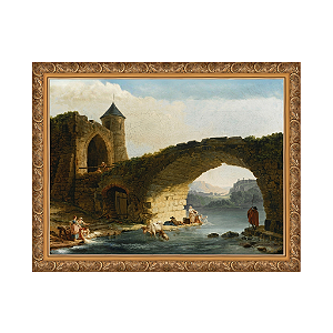 Uma paisagem do rio Capriccio com lavadeiras perto de uma ponte em ruínas.